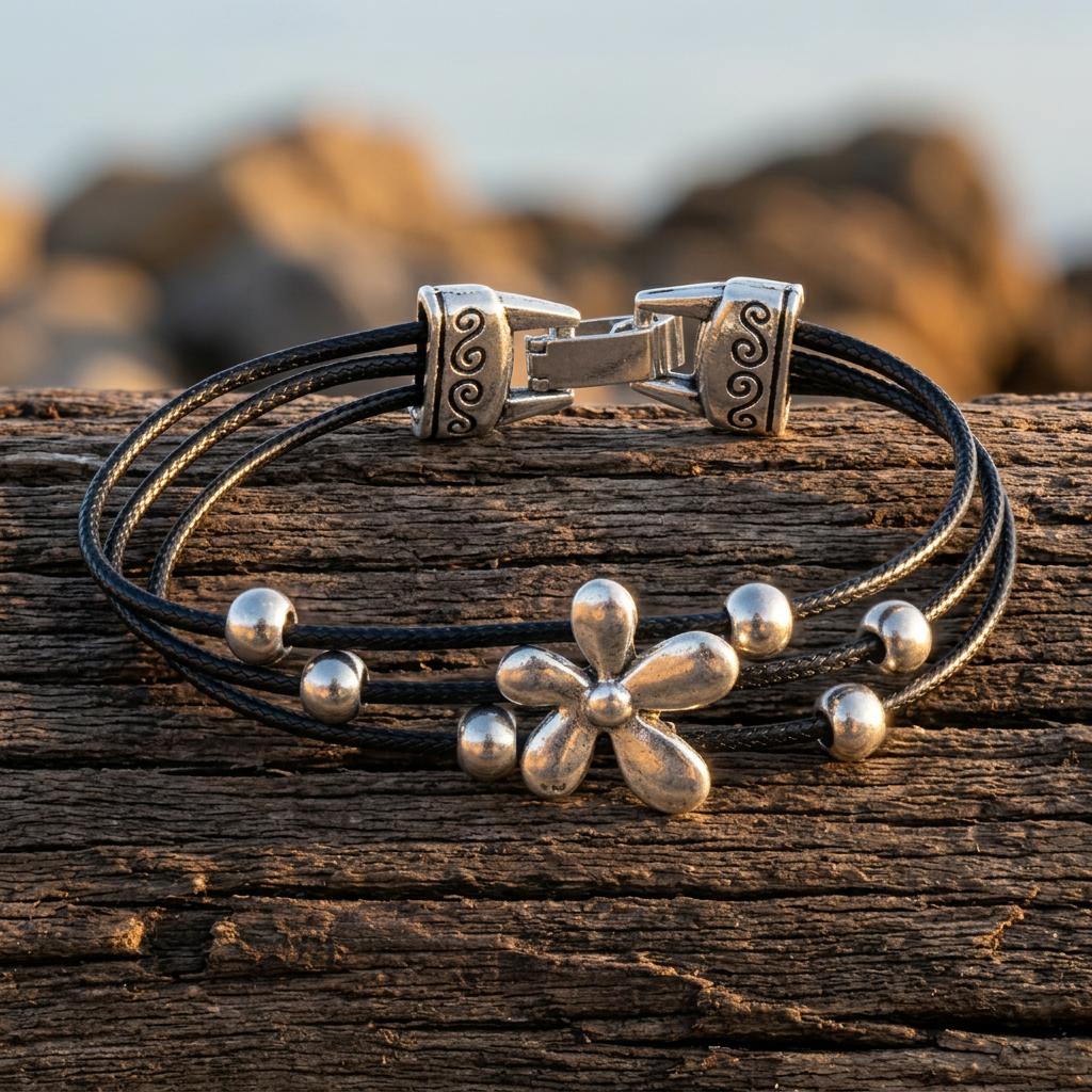 Boho Silver Flower Charm Cord Bracelet