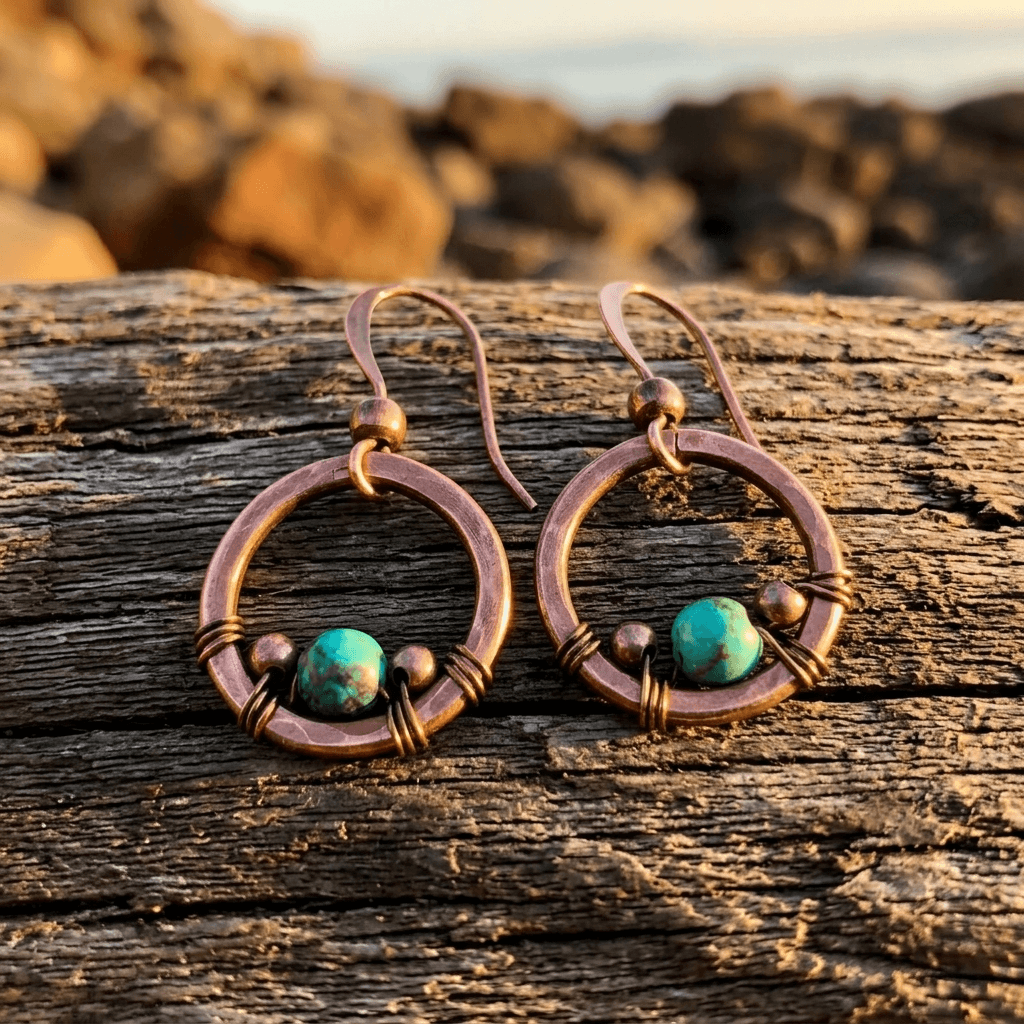 Vintage Copper Turquoise Mountain Pattern Earrings