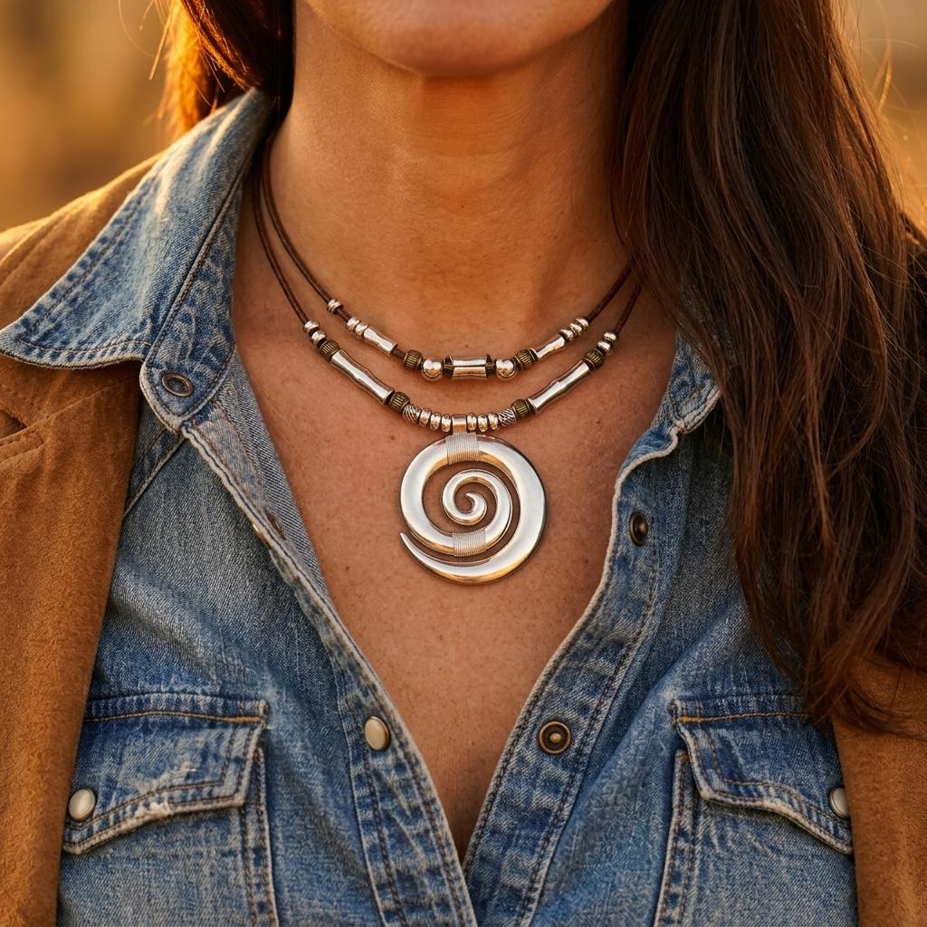 Boho Bronze Spiral Pendant Necklace
