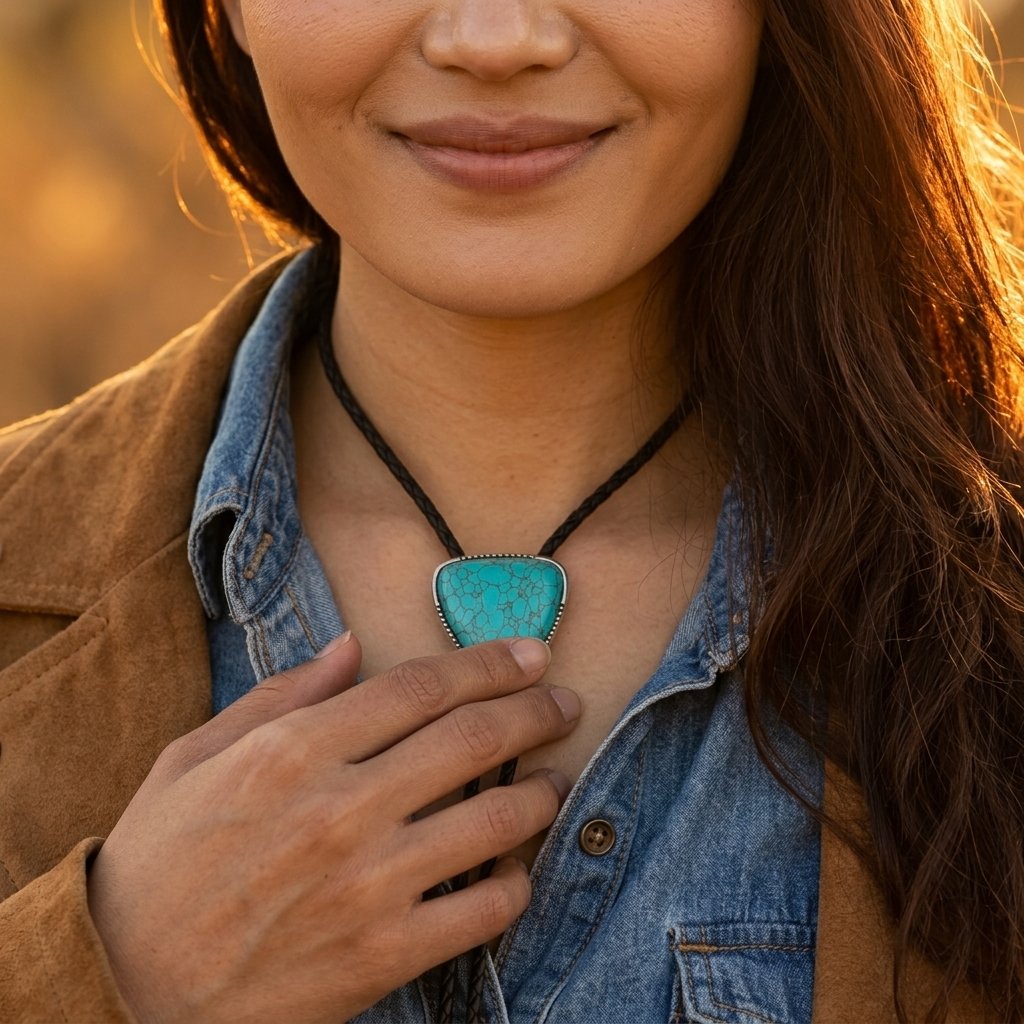 Western Style Turquoise Stone Bolo Tie Necklace
