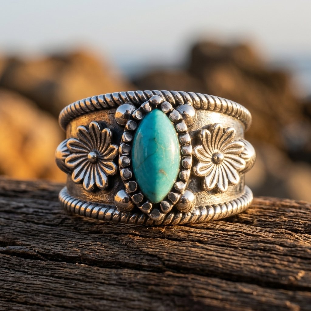 Vintage Bronze Turquoise Oval Flower Ring