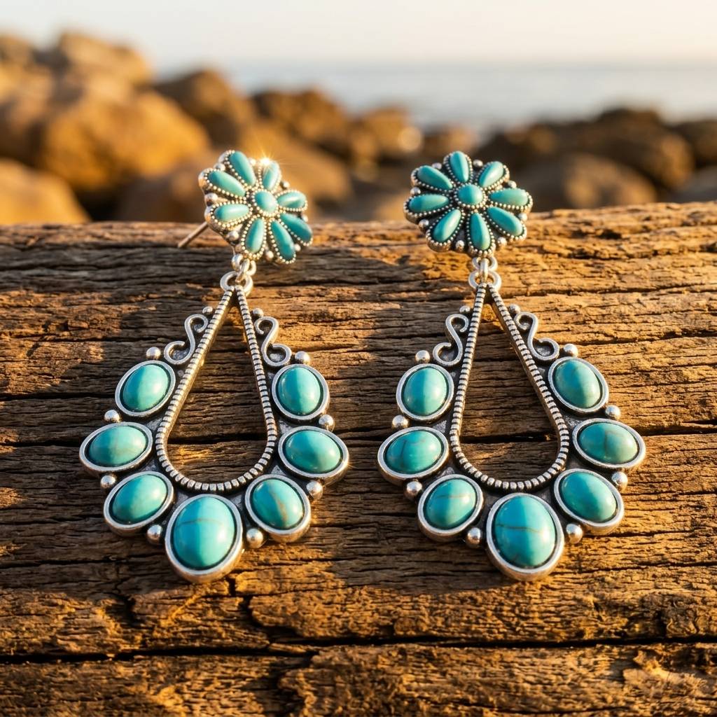 Boho Silver Turquoise Flower Earrings