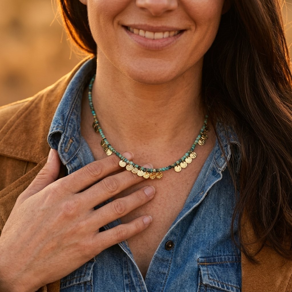 Boho Green Turquoise Beaded Gold Disc Necklace