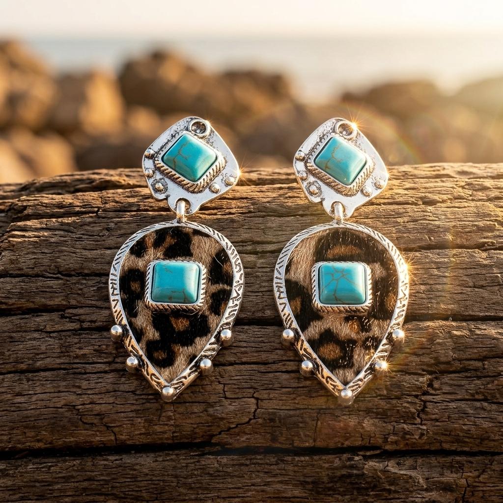 Western Silver Turquoise Leopard Print Drop Earrings