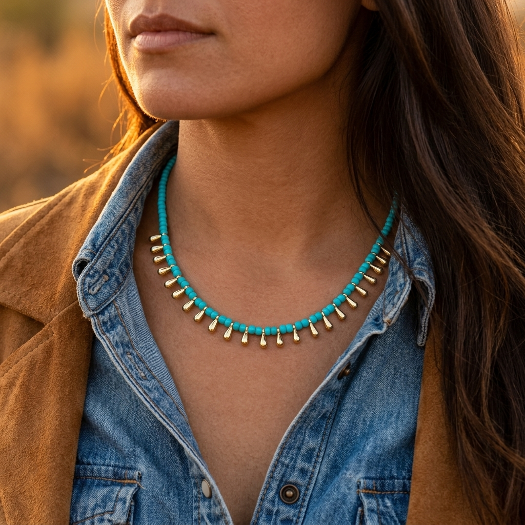 Bohemian Turquoise Gold Teardrop Beaded Necklace