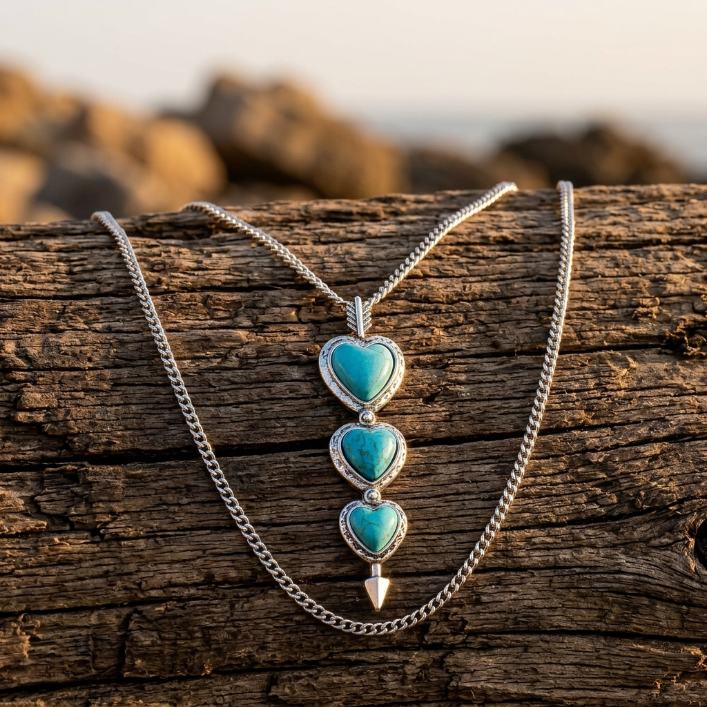 Western Style Silver Turquoise Heart Pendant Necklace