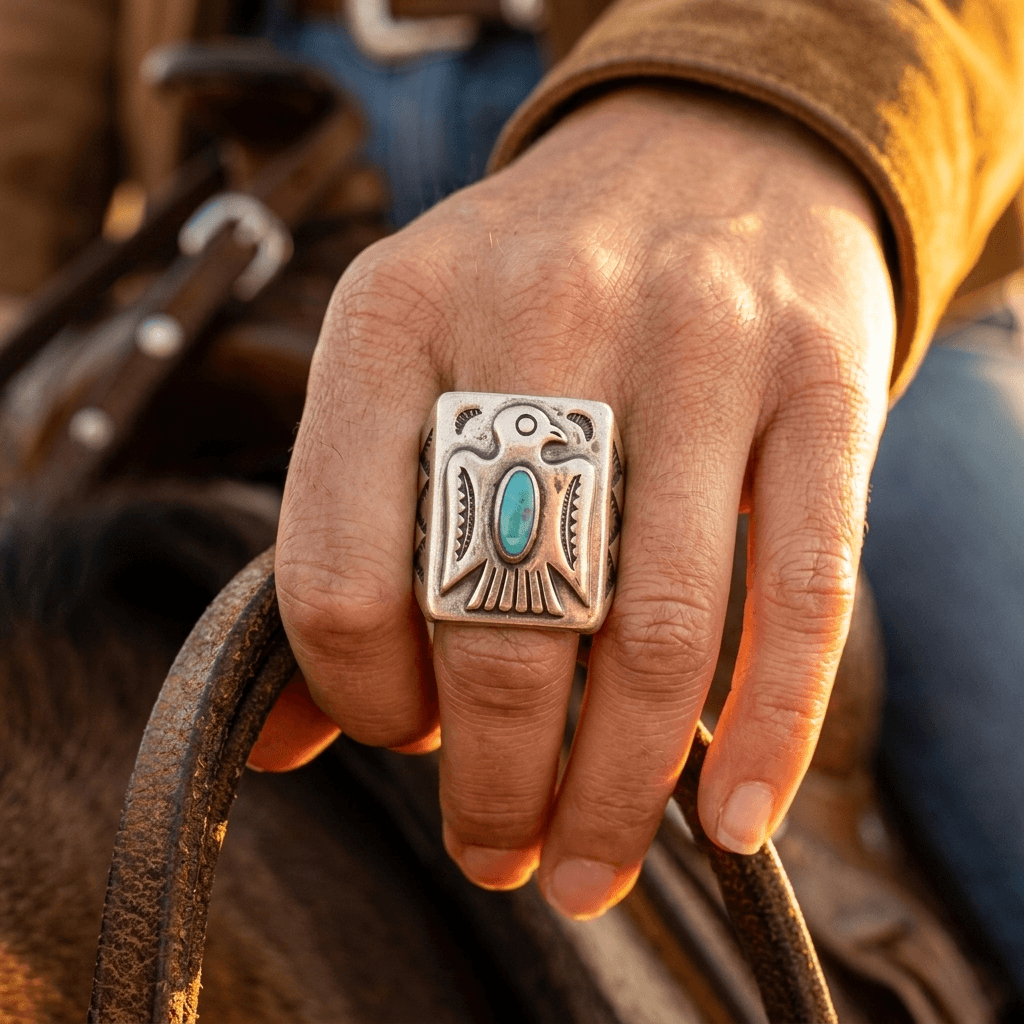Retro Turquoise Square Bird Pattern Ring
