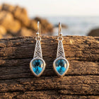Boho Silver Filigree Blue Topaz Teardrop Earrings
