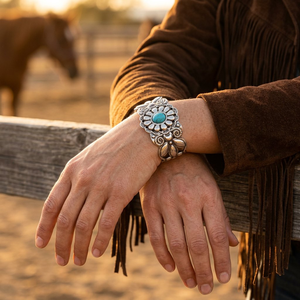 Boho Silver Floral Turquoise Concho Bracelet