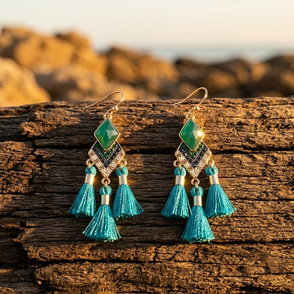 Bohemian Gold Green Tassel Diamond Earrings