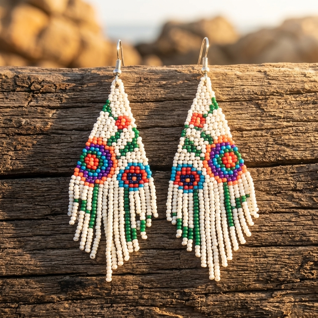 Bohemian Beaded Floral Triangle Fringe Earrings