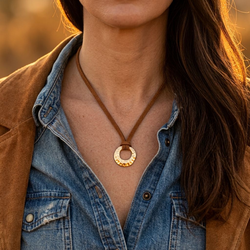 Boho Gold Hammered Round Pendant Necklace