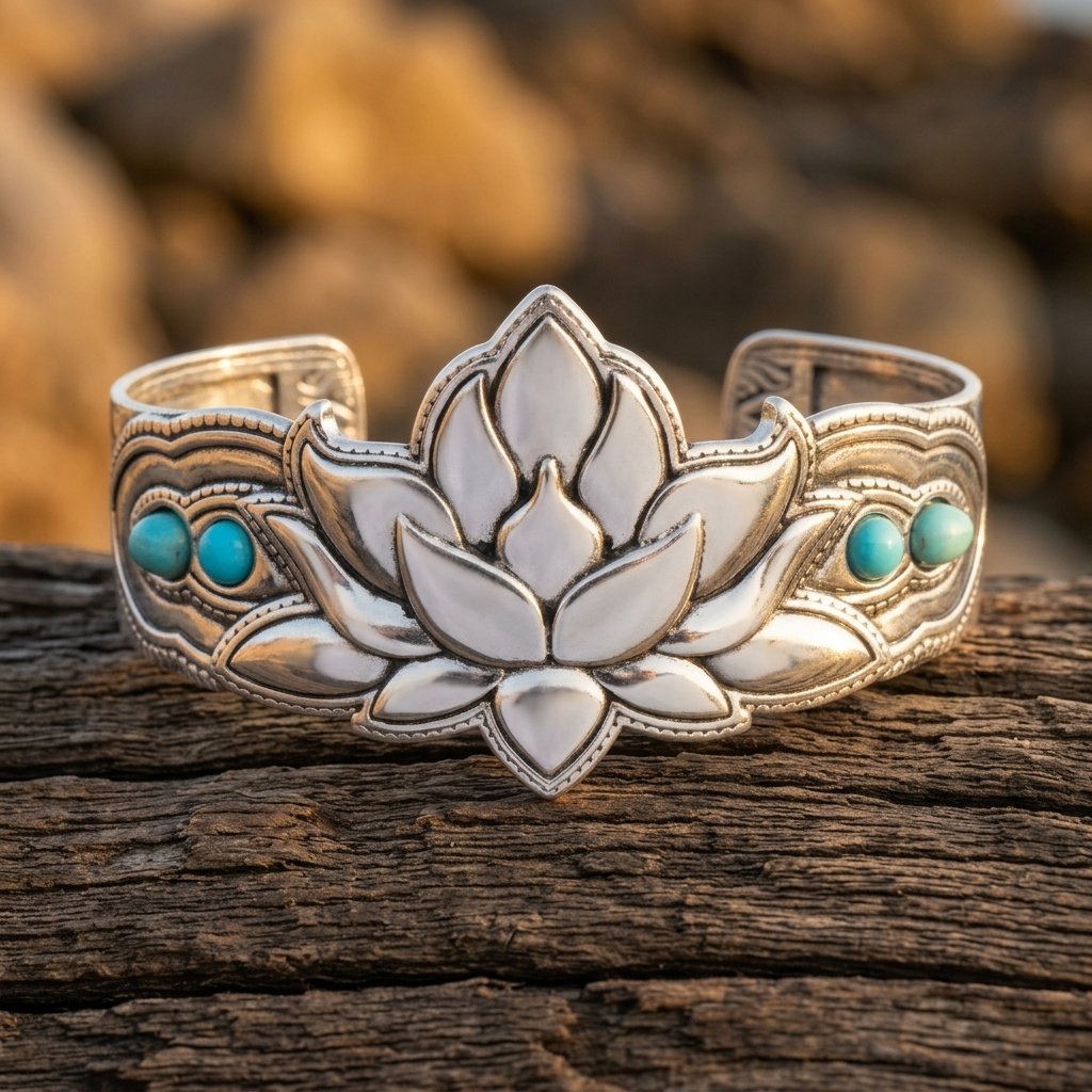 Boho Silver Lotus Turquoise Cuff Bracelet