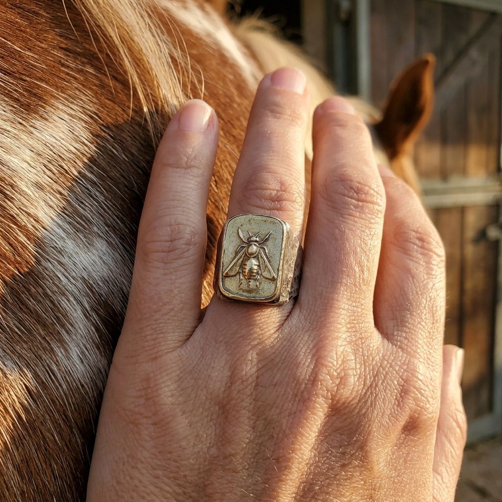 Vintage Bronze Bee Engraved Square Ring