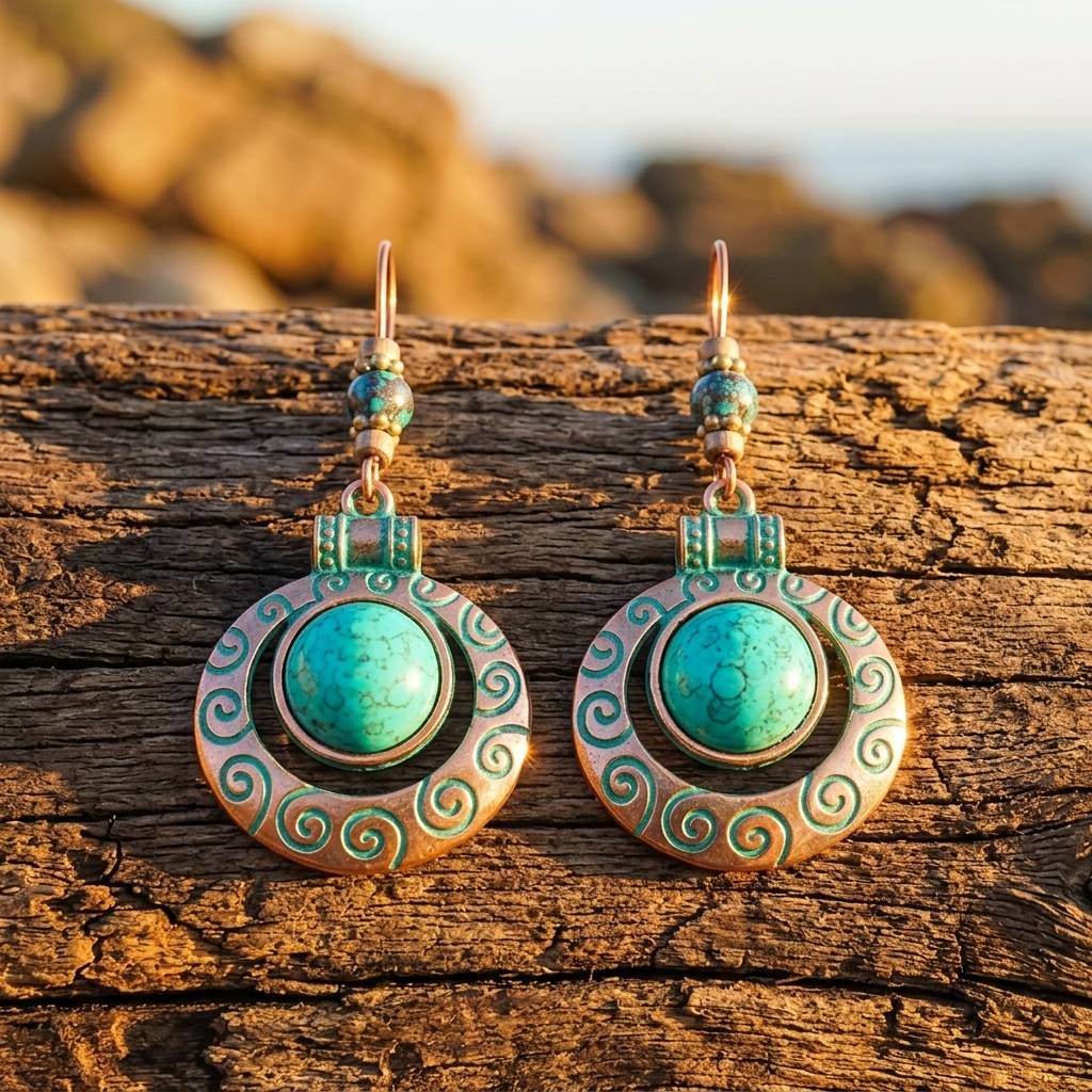 Boho Copper Turquoise Spiral Inlay Earrings