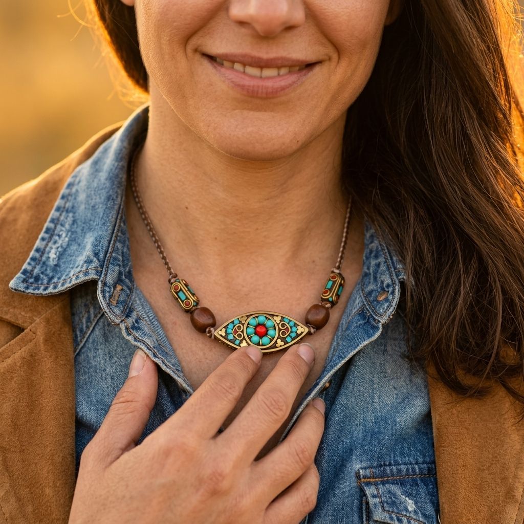 Boho Brass Turquoise Inlay Pendant Necklace