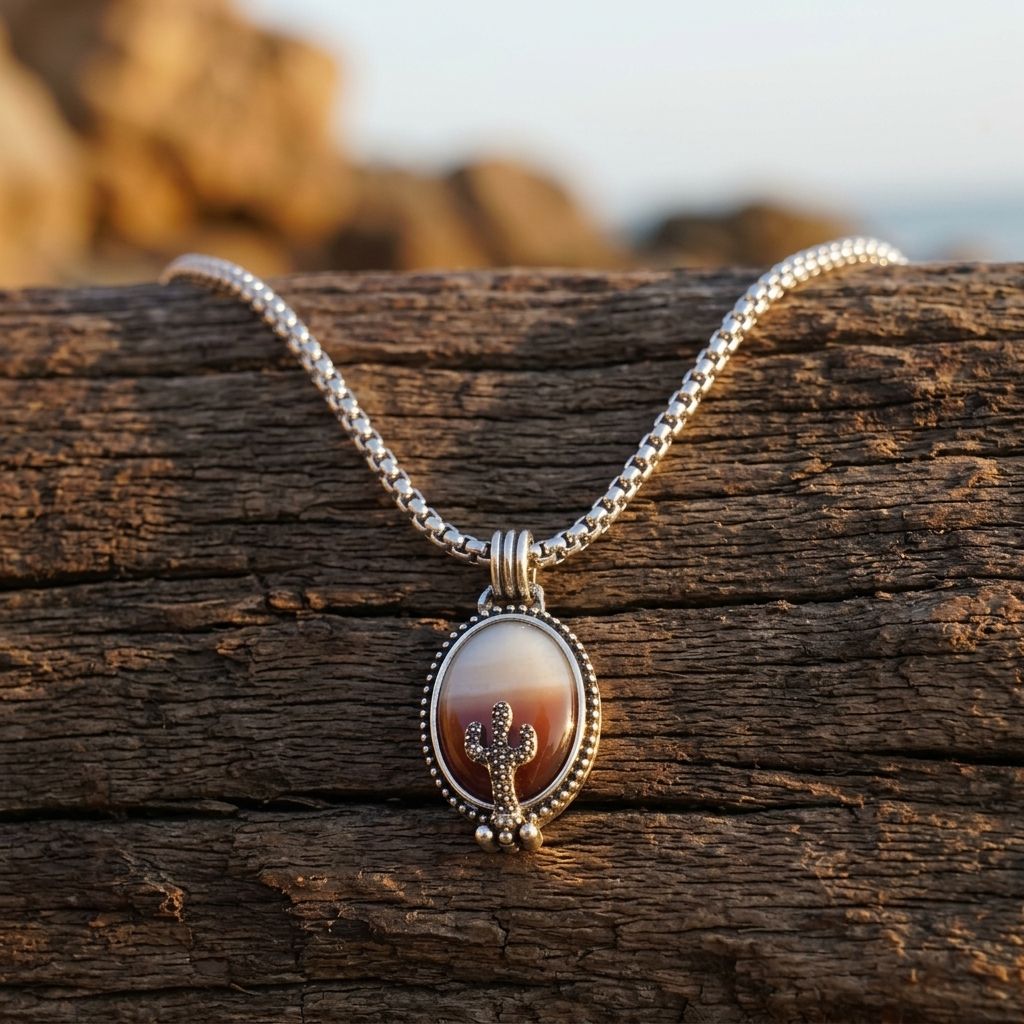 Desert Silver Cactus Oval Necklace