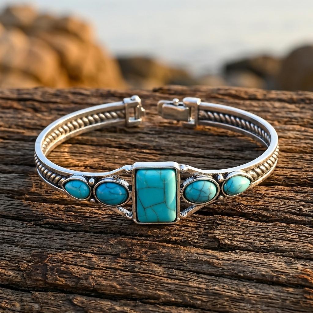 Boho Silver Turquoise Oval Bangle Bracelet