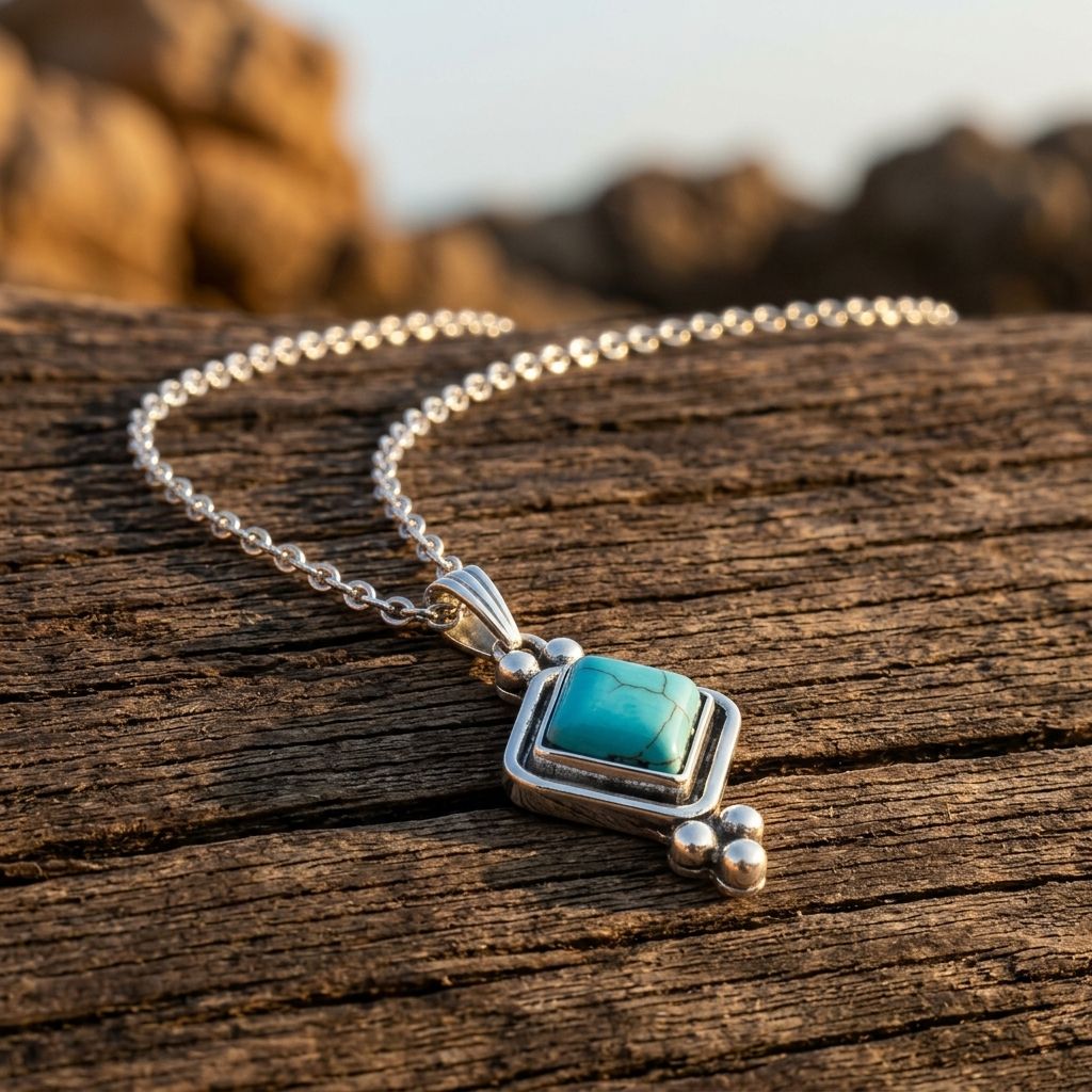 Boho Silver Turquoise Square Necklace