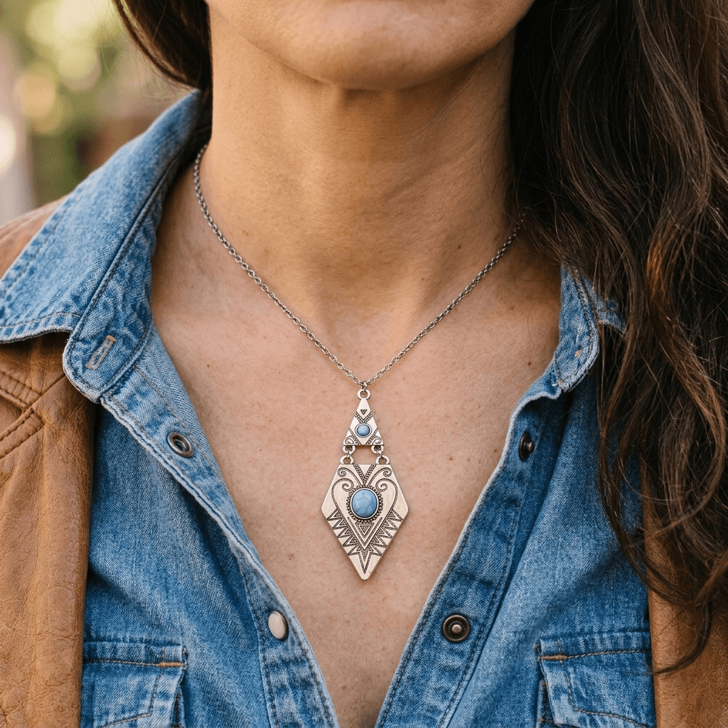 Bohemian Silver Geometric Turquoise Pendant Necklace
