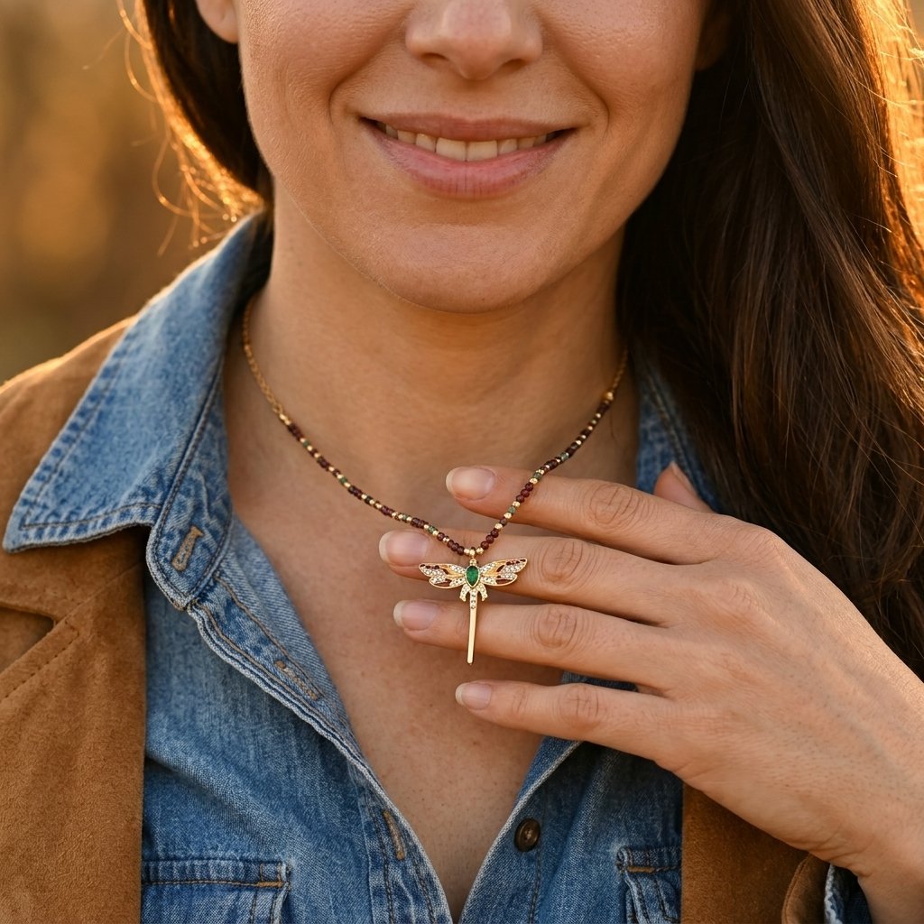 Bohemian Gold Tourmaline Dragonfly Pendant Necklace