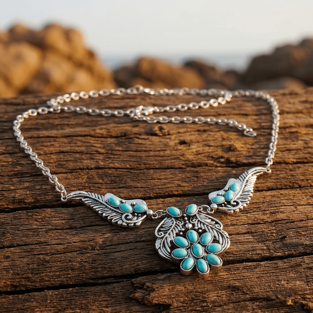 Bohemian Turquoise Inlaid Silver Statement Necklace