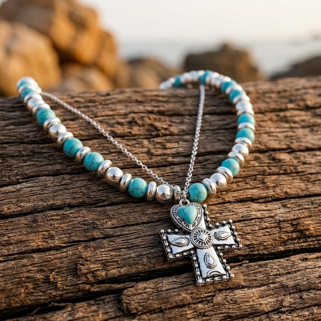 Boho Silver Turquoise Filigree Cross Necklace