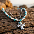 Boho Silver Turquoise Filigree Cross Necklace