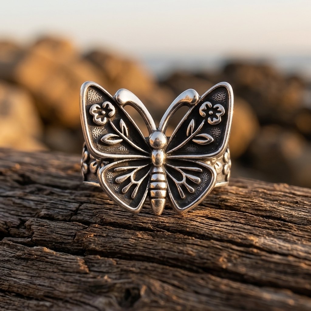 Vintage Silver Filigree Butterfly Flower Ring