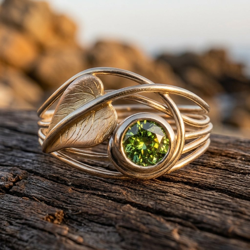 Gold Leaf Peridot Round Cocktail Ring