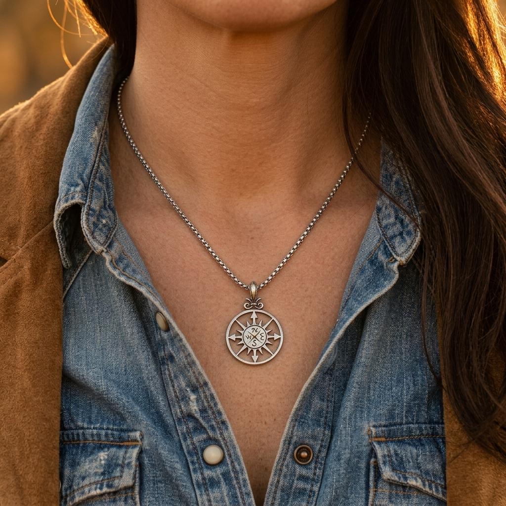 Vintage Silver Compass Rose Pendant Necklace