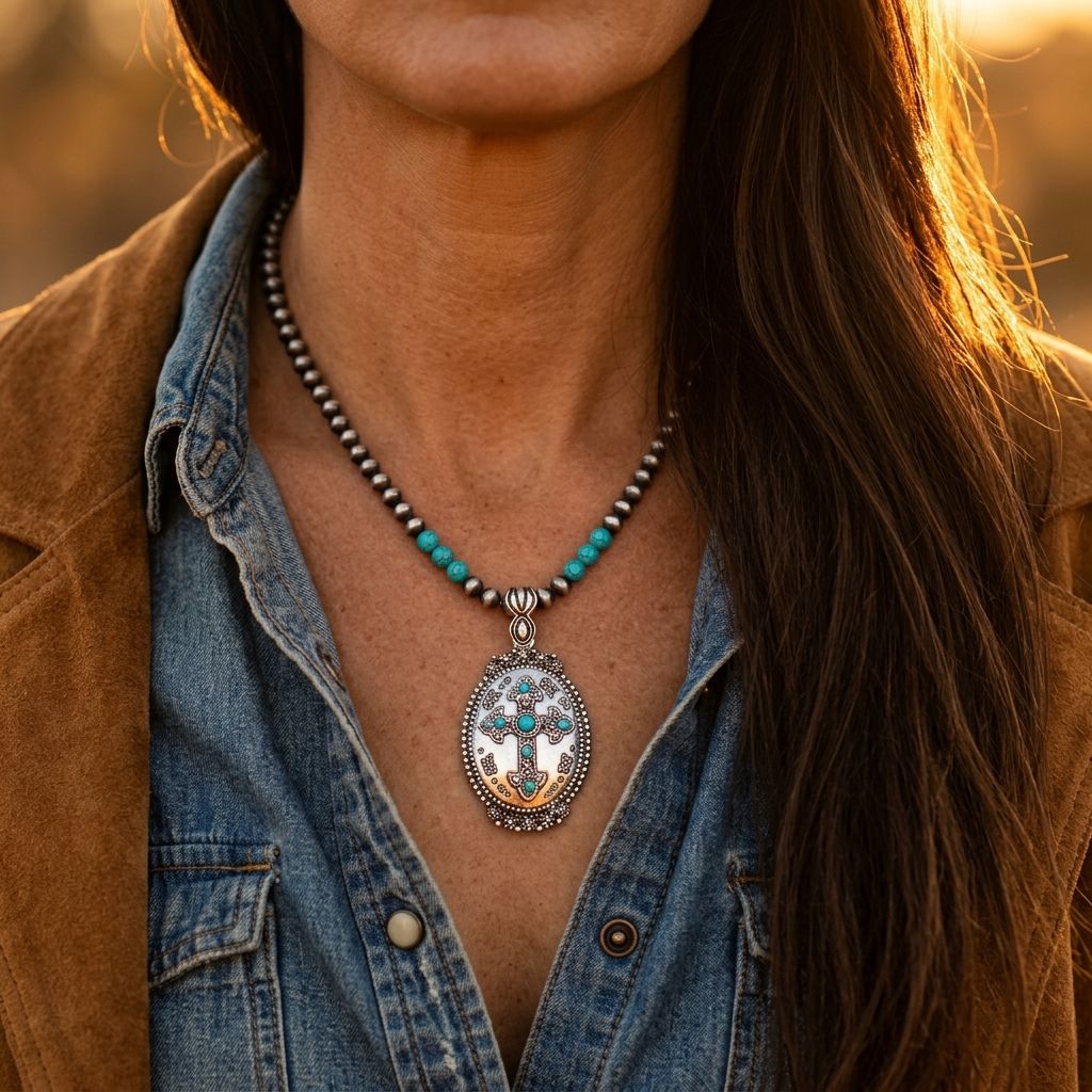 Boho Silver Turquoise Cross Pendant Necklace