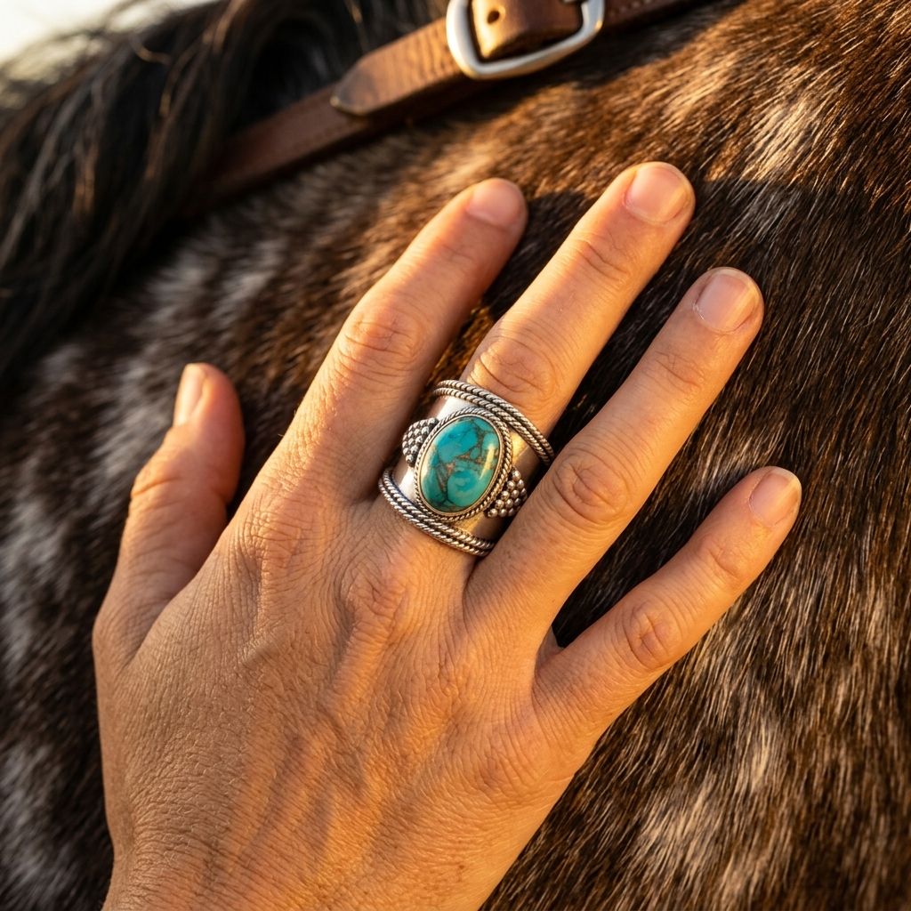 Boho Silver Turquoise Oval Wide Ring