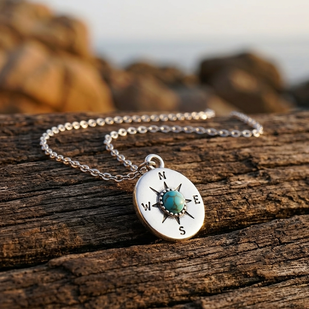 Compass Turquoise Silver Pendant Necklace