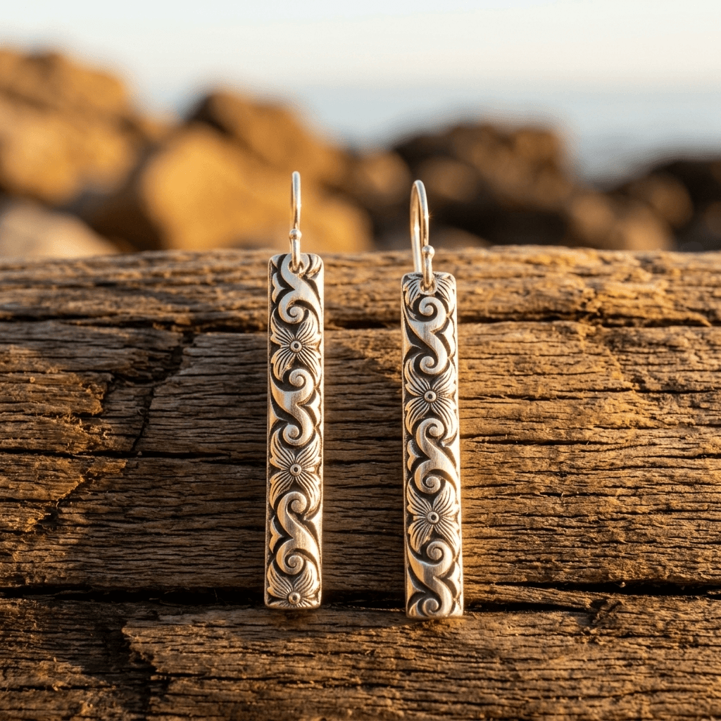 Sterling Silver Ornate Rectangle Drop Earrings