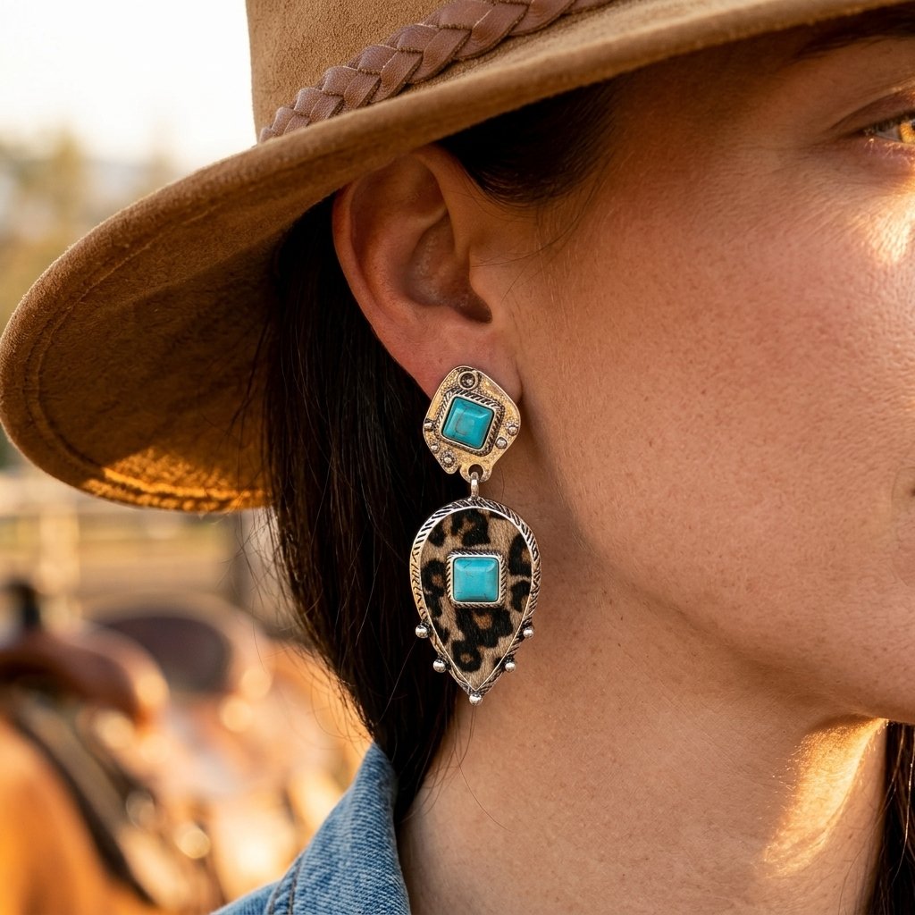 Western Silver Turquoise Leopard Print Drop Earrings