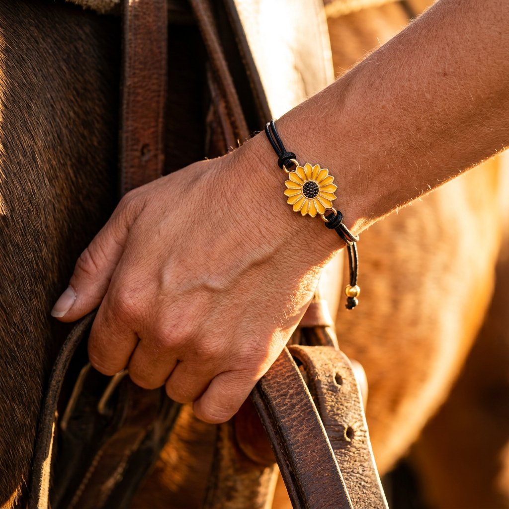 Boho Black Cord Gold Sunflower Bracelet
