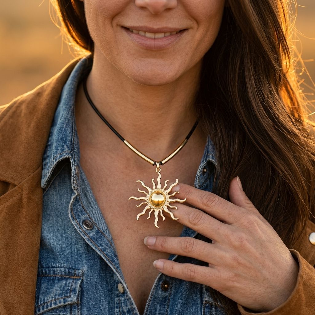 Boho Gold Sun Pendant Leather Cord Necklace