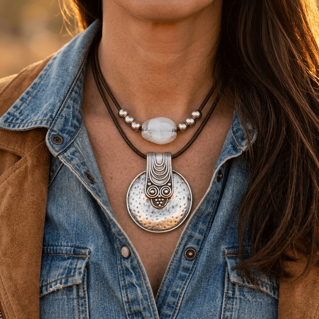 Bohemian Silver Relief Pendant Wax Rope Necklace