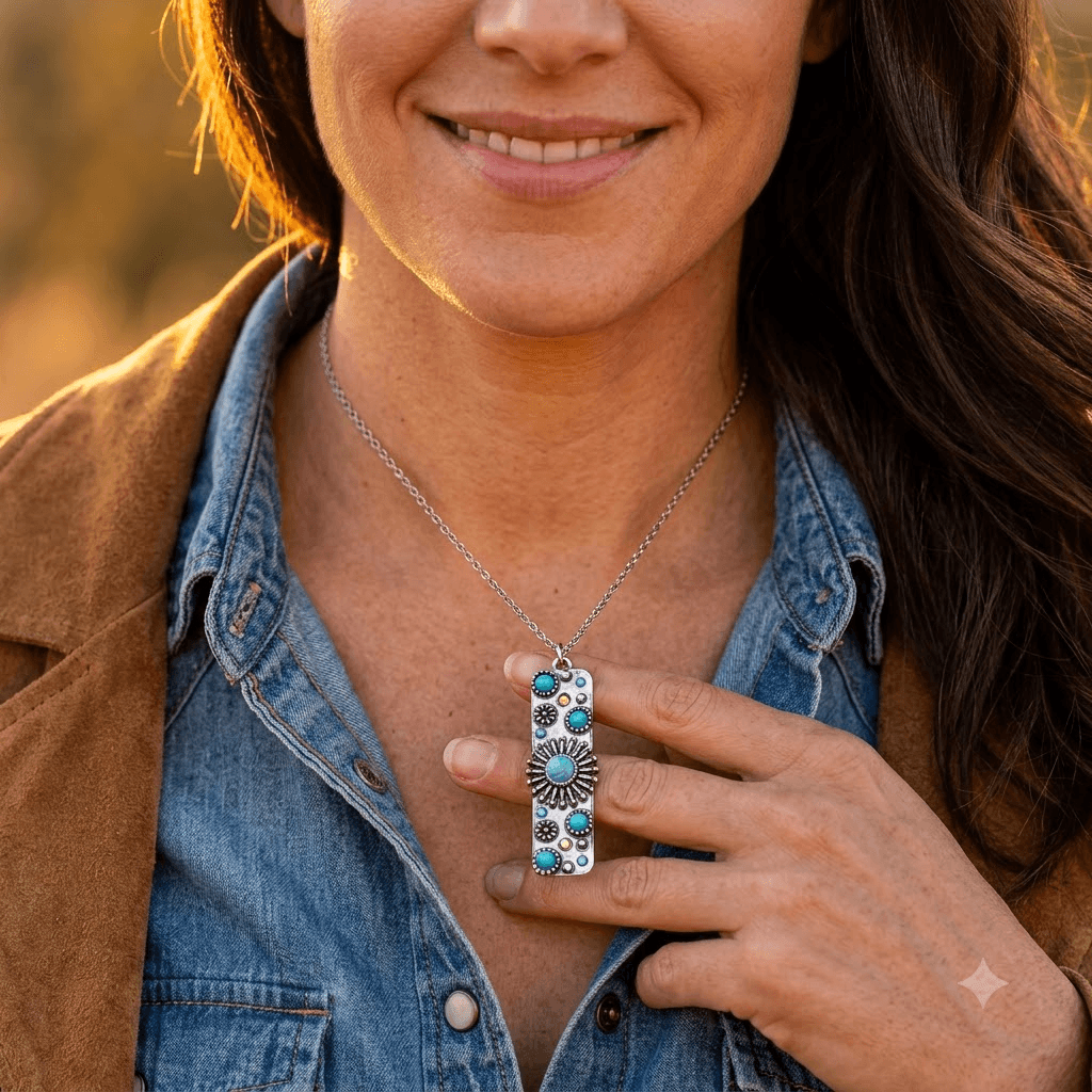 Bohemian Turquoise Sunflower Rectangle Silver Necklace