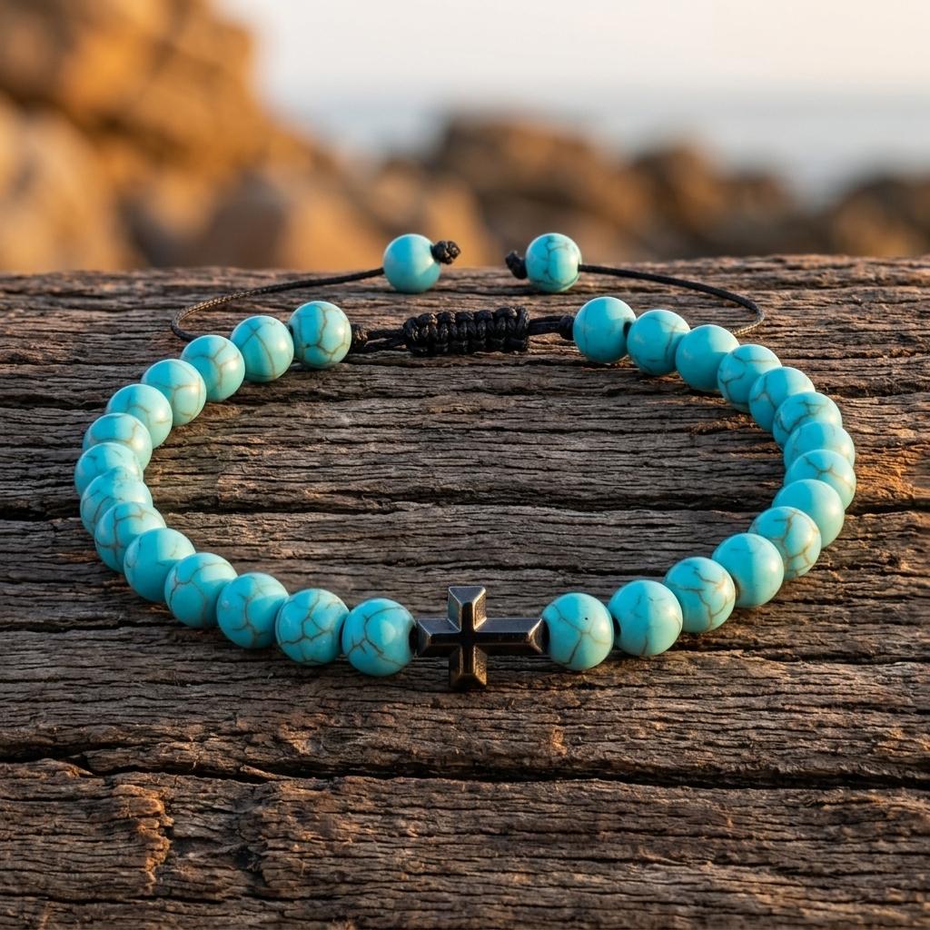 Boho Turquoise Round Beads Cross Bracelet