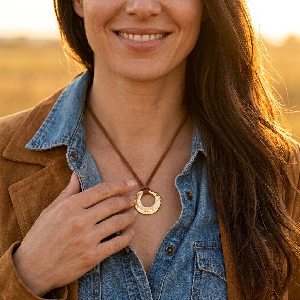 Boho Gold Hammered Round Pendant Necklace
