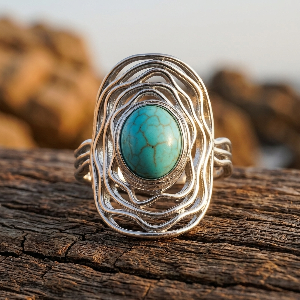 Bohemian Silver Turquoise Stone Wave Ring
