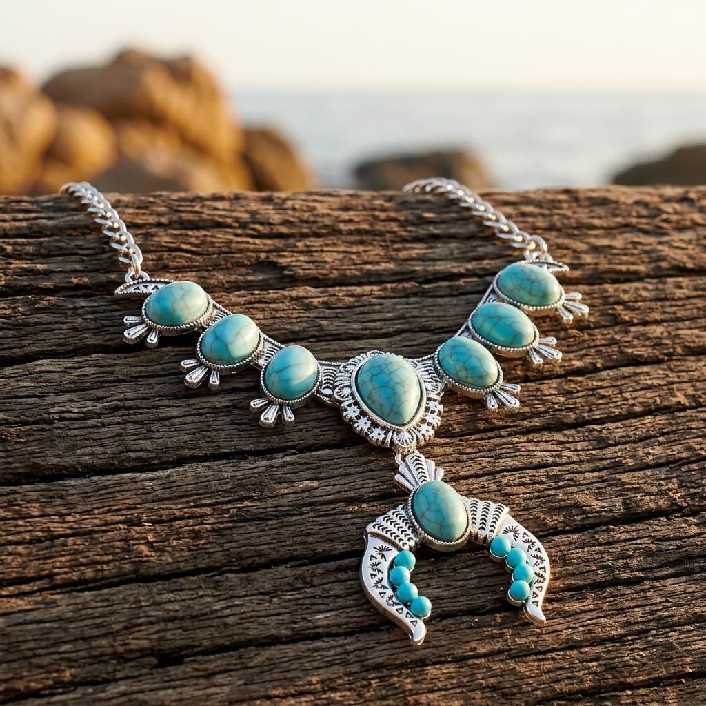 Boho Silver Turquoise Squash Blossom Necklace