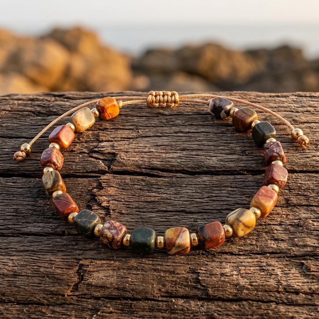 Boho Copper Picasso Stone Square Bead Bracelet