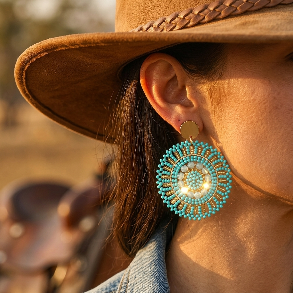 Bohemian Turquoise Gold Beaded Round Drop Earrings