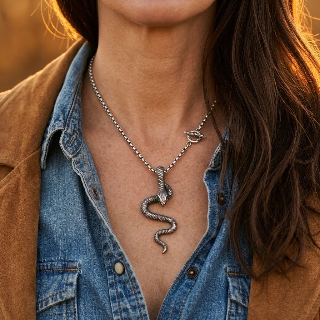 Vintage Silver Snake Green Eye Necklace