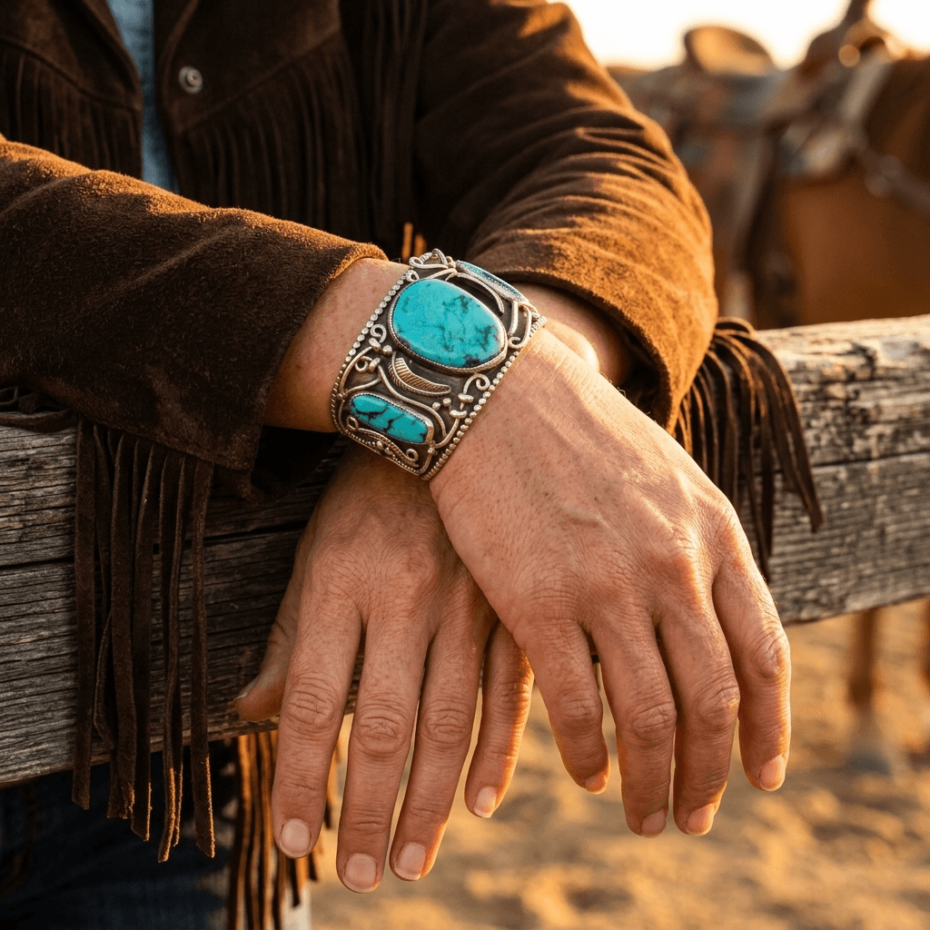 Western Turquoise Openwork Wide Cuff Bracelet