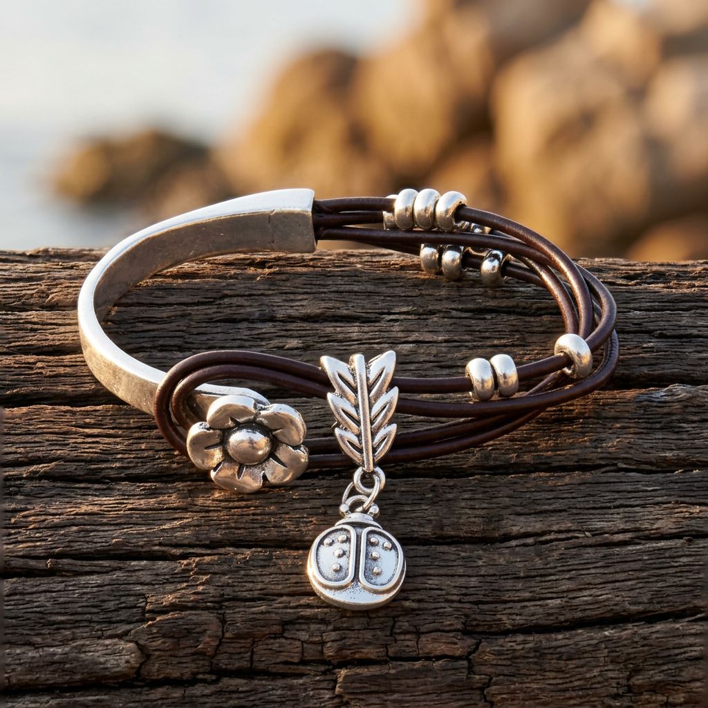 Boho Silver Leather Flower Arrow Charm Bracelet