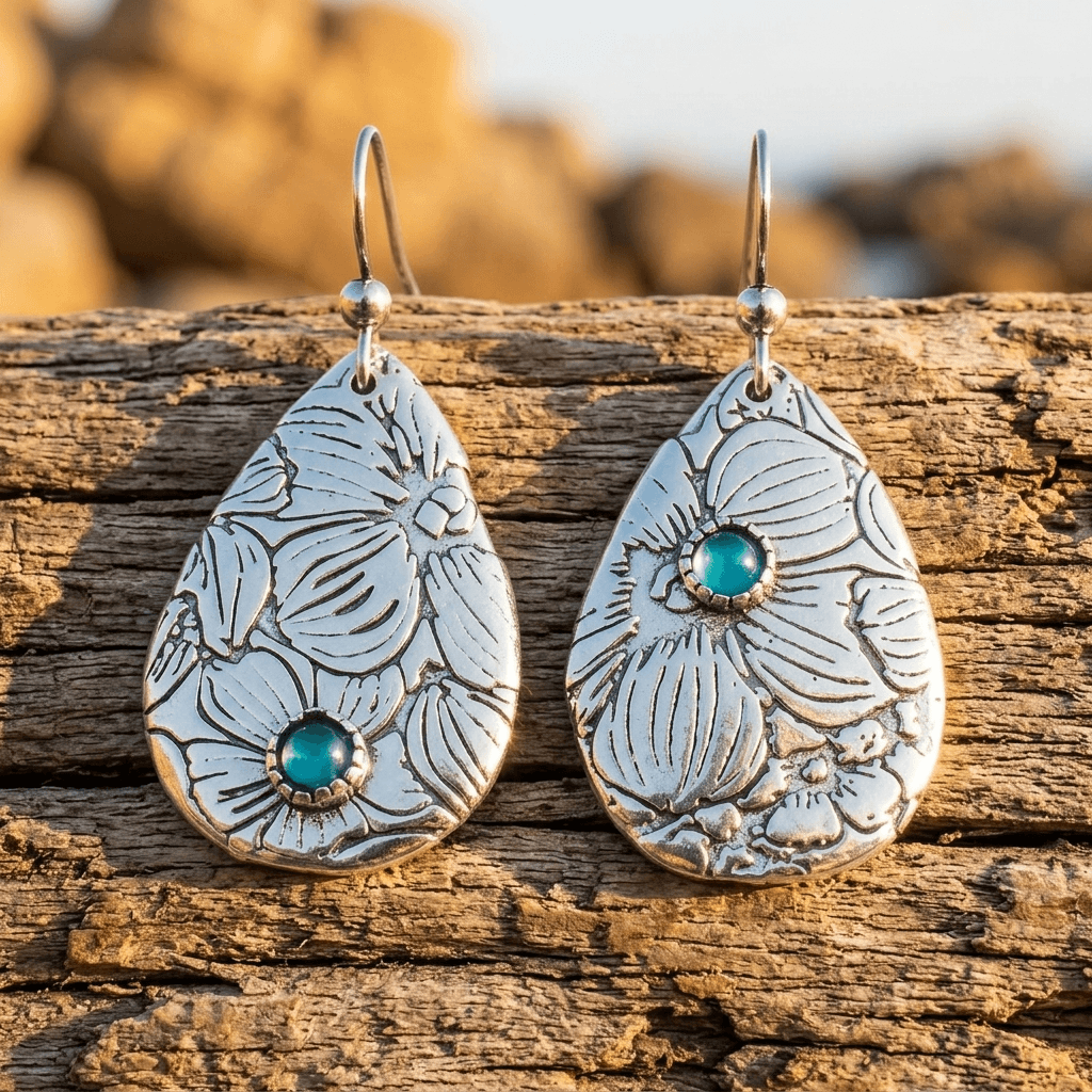 Retro Carved Turquoise Drop Hook Earrings